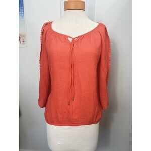 Lightweight Coral Tangerine Boho Peasant Blouse M Ladder Cutout Sleeve Tie Neck
